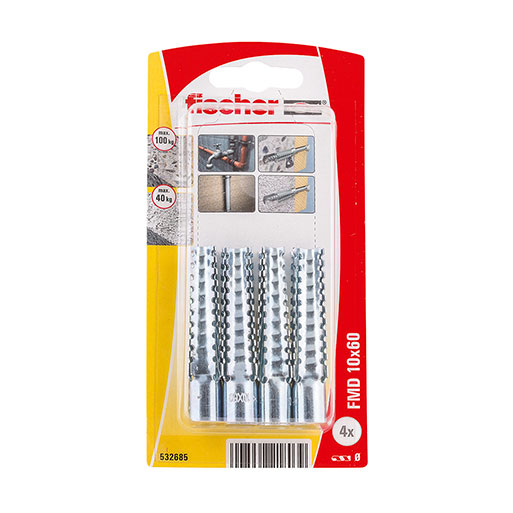 Fischer Metallitulppa Kevytbetoniin Mfd 10x60mm 4 Kpl Metallitulppaa Puu- Ja Lastulevyruuville