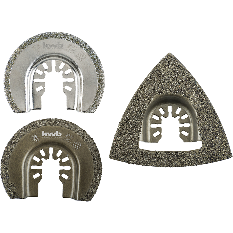 Kwb Monitoimityökalu Sarja 3 Osainen Laatoitukseen Ja Kunnostamiseen Muuraustyössä, Sis Pyörösahanterä 65mm Och Kulmahiomakone 80mm.