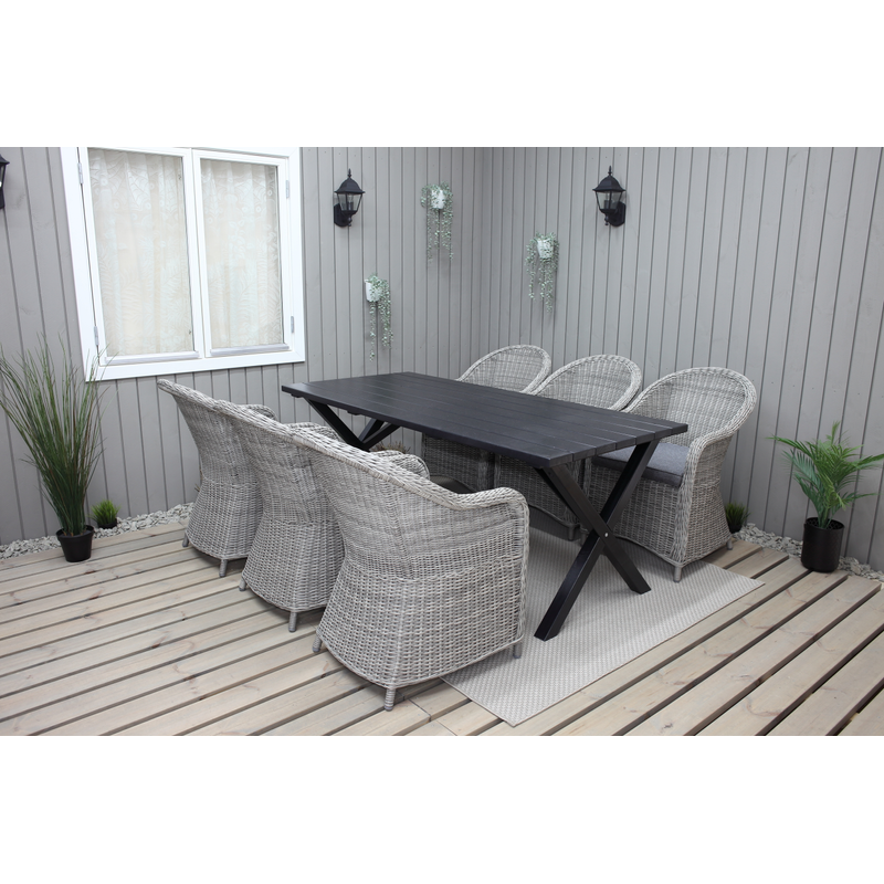 Baltic Garden Ulkokalusteryhmä 190 Cm Pöytä & 6 Belize Harmaat Tuolit Musta