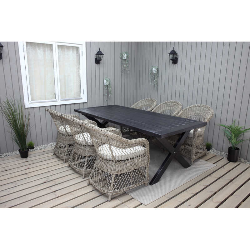 Baltic Garden Ulkokalusteryhmä 220 Cm Pöytä & 6 Merida Luonnollista Tuolia Musta
