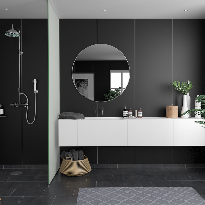 Fibo Märkähuoneen Lauta Marcato Sumu Oikealla Pitkällä Sivulla 11x620x2400 Mm Fibo Musta Silkki, 11x620x2400 Mm