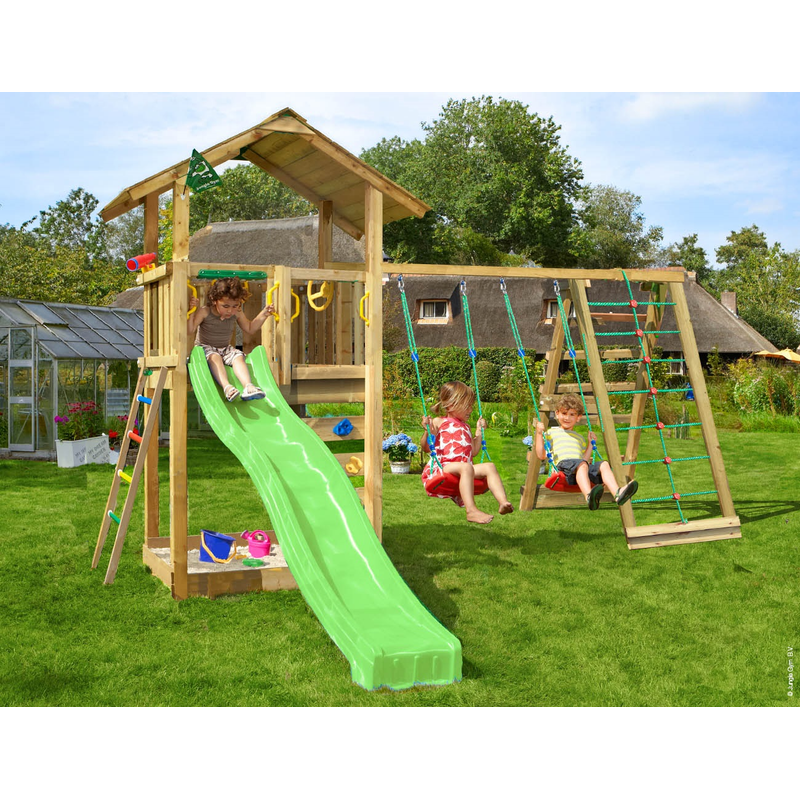 Jungle Gym Leikkitorni Täydellinen Sierra Kiipeilymoduuli Ja Vihreä Liukumäki