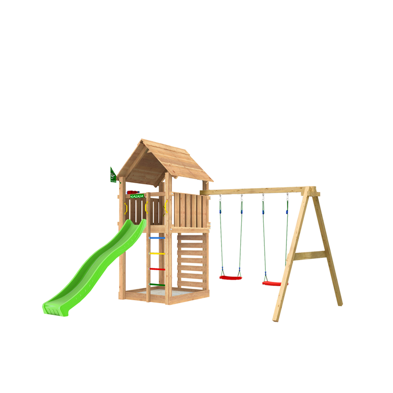 Jungle Gym Leikkitorni Täydellinen Cabin 2.1 Swing-moduuli Ja Vihreä Liukumäki