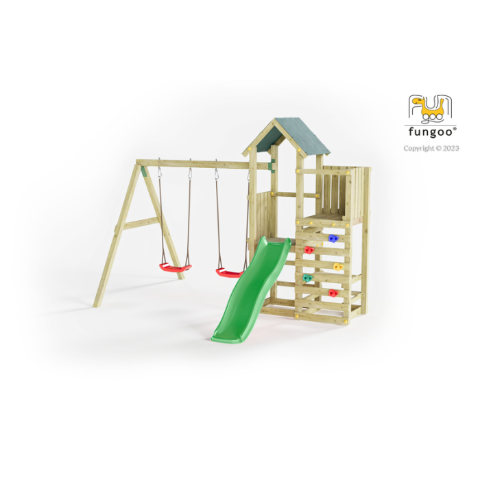 Leikkikenttä Chester liukumäellä, kahdella keinulla, piknikpöydällä ja kiipeilyseinällä Fungoo