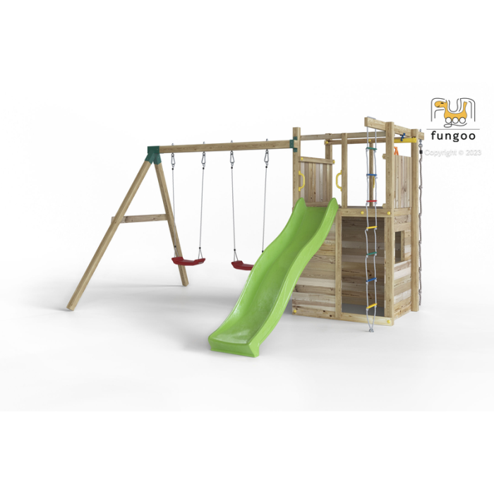 Leikkikenttä Houser, jossa on liukumäki, tuplakeinut, leikkimökki, köysitikkaat ja merirosvopyörä Fungoo