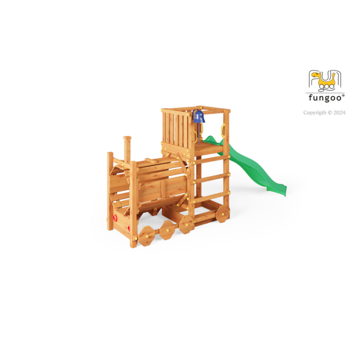 Leikkikenttä Loco liukumäellä, veturitunneli, kello ja kompaktin muotoilu Fungoo