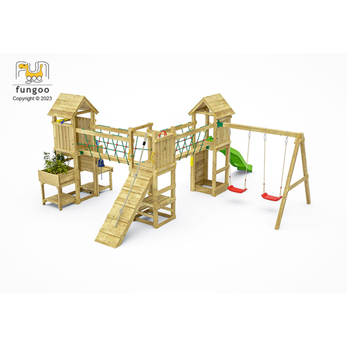 Lekplats Optimizer med rutschkana, dubbla gungor, picknickbord och klättervägg Fungoo