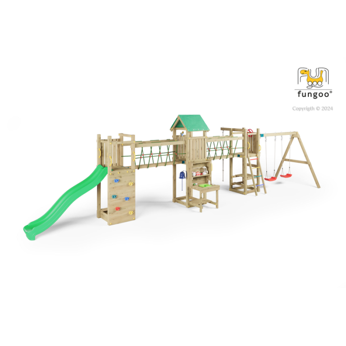 Leikkikenttä Space Longer liukumäellä, köysisillalla, keittiöllä ja tarvikkeilla Fungoo